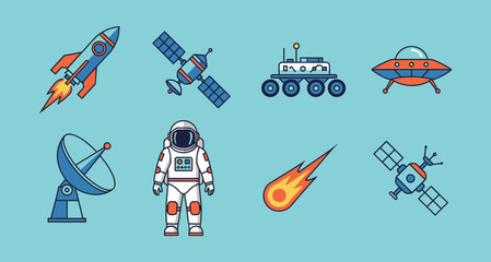 Outer Space Exploration Icon Collection Featuring Rocket Satellite Astronaut Rover Radar and Meteor in Professional Flat Vector Linear Design Style © ma