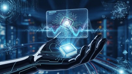 Futuristic robotic hand holding glowing microchip with digital interface in high tech laboratory environment with neon blue lighting