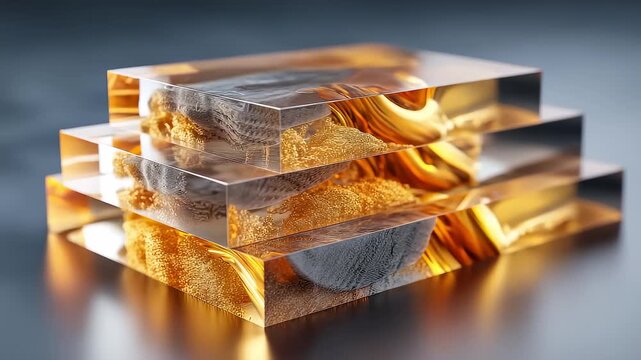 Stacked transparent crystal blocks with flowing gold foil textures