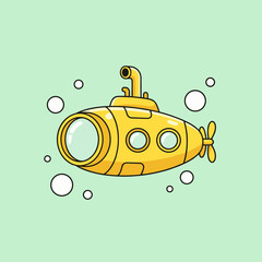 Obraz premium Cute yellow submarine underwater with bubbles cartoon style vector illustration for ocean exploration and nautical adventure themes