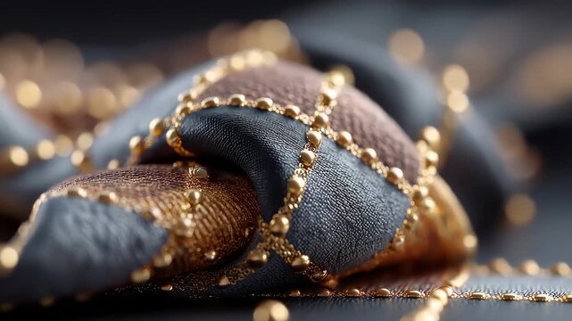 Elegant black silk folds adorned with exquisite gold bead chains