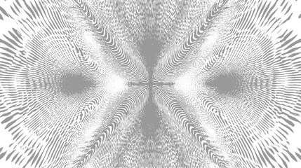 Symmetrical abstract grayscale pattern resembling a butterfly or abstract eye with radiating lines and a central cross shape