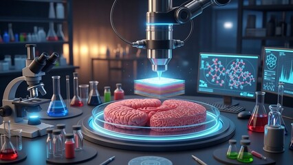 Advanced laboratory setting with 3d printed human brain being analyzed under high tech microscope equipment surrounded by various scientific instruments and colorful liquids
