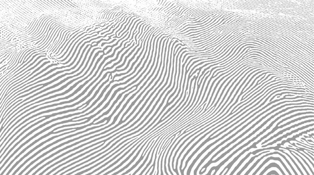 Three dimensional abstract landscape formed by white fingerprint ridges creating a topographical map effect on a grey background