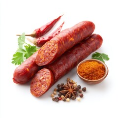 Freshly Sliced Chorizo Sausage Surrounded by Spices and Fresh Ingredients on White Background