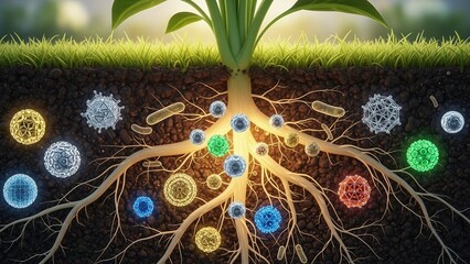 Young plant with glowing roots surrounded by diverse microorganisms in soil symbolizing healthy ecosystem and symbiotic relationships in nature