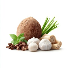 Fresh Aromatic Ingredients for Culinary Creations Including Coconut, Garlic, Lemongrass, and Green Onions on White Background