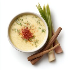 Creamy Coconut Soup with Lemongrass and Spices Garnished with Fresh Herbs and Seasoning