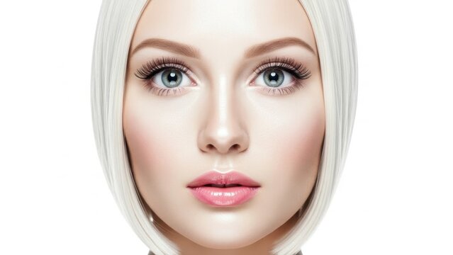 Radiant woman's face showcasing immaculate skin, captivating blue eyes, and delicate makeup