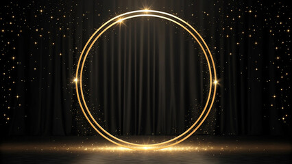 Luxurious Golden Circle Frame on Dark Stage with Falling Glitter