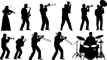 Musical Silhouettes Set of Professional Jazz Band Musicians Playing Saxophone Trumpet Trombone Violin Drums and Tuba on White Background © BIPUL