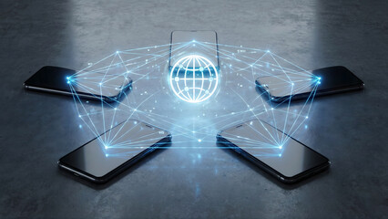 A glowing, blue holographic world globe icon floats in the center of a circular arrangement of five smartphones on a dark, reflective surface, with digital data lines connecting all the devices to rep