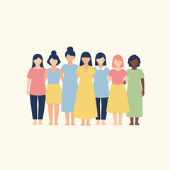 Fototapeta premium Group of Diverse Women Standing Together in Minimalist Flat Illustration Style
