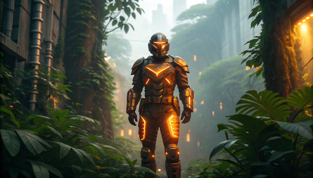 Cybernetic Warrior Navigates Bioluminescent Jungle Metropolis