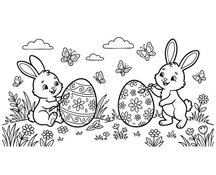 a4 colouring page bunny painting an easter egg. ready to print on standard A4 paper.
