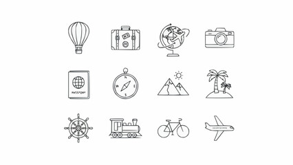 Collection of travel and adventure icons in a simple line art style.