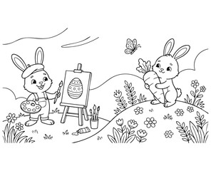 bunny painting easter egg and some flowers, coloring page ready to print on standard 8.5x11 inch paper. eps file.bunny painting easter egg and some flowers, coloring page ready to print on standard 8.