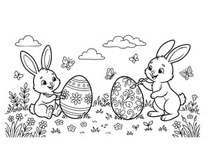 bunny painting easter egg and some flowers, coloring page ready to print on standard 8.5x11 inch paper