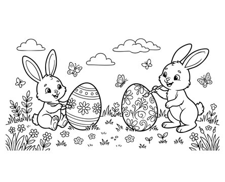 bunny painting easter egg and some flowers, coloring page ready to print on standard 8.5x11 inch paper