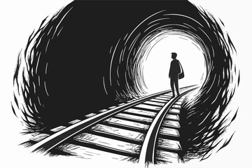 Solitary Figure on Railway Track Leading to Light Tunnel
