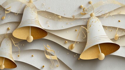 Decorative golden bells and music notes cascade on a paper layer background, evoking a sense of elegance and celebration