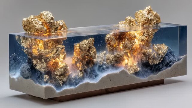 Golden nuggets encased in translucent crystal resin landscape