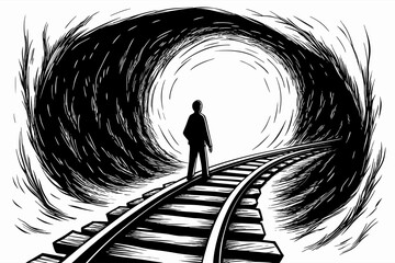 Silhouette on Railway Tracks Leading to Light in Tunnel