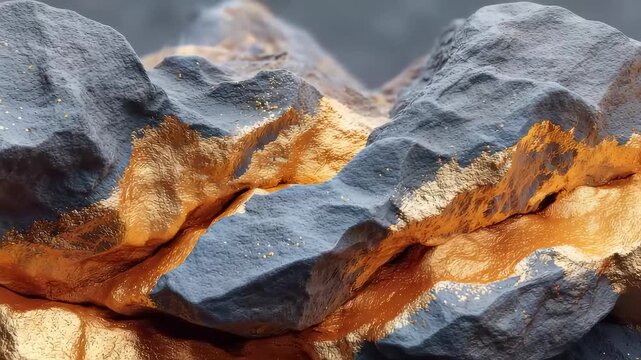 Luxury gold veins embedded in abstract black mineral ore close up