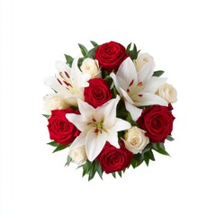 Fototapeta premium Elegant Floral Arrangement with Red Roses, White Lilies, and Cream Roses for Romantic Occasions or Celebrations