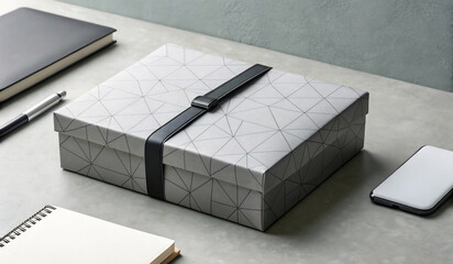 Elegant modern geometric pattern gift box with sleek black ribbon on a sophisticated desk setup
