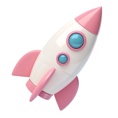 Whimsical 3D Rocket Icon with Soft Pastel Pink and White Design, Glossy Finish, Representing Launch and Progress