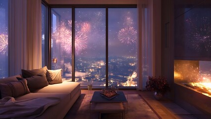 A luxurious apartment offers a mesmerizing view of a fireworks display over a city skyline