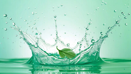 Refreshing splash of water with a green leaf, symbolizing purity and nature's vitality