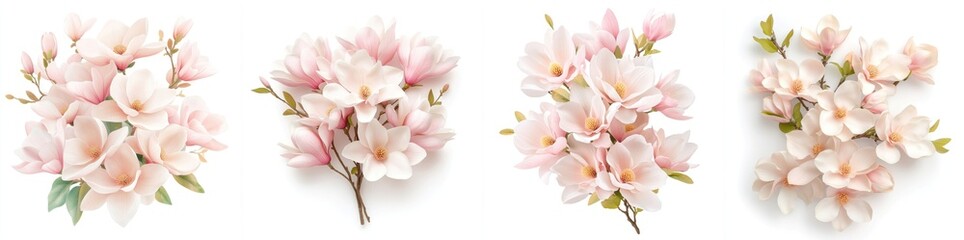 Obraz premium A classic bouquet of fresh magnolia blooms, isolate on white background. Set.