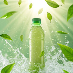 Refreshing Green Beverage Bottle with Dynamic Water Splash, Falling Leaves, and Vibrant Sunbeam for Healthy Lifestyle