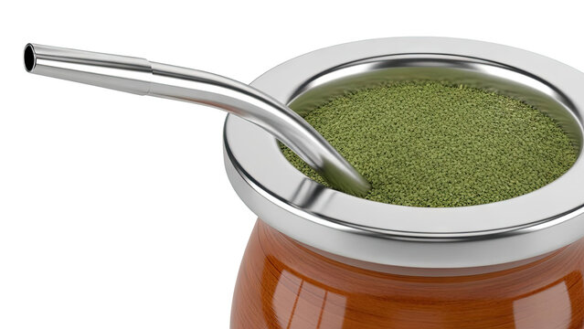 Close-up of a Mate gourd filled with yerba mate and a bombilla