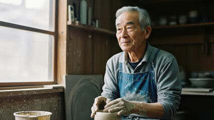 Candid portrait of senior Asian craftsman potter shaping clay in traditional workshop.