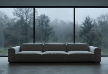 Obraz premium Luxury contemporary home interior showcasing dark leather sofa polished wood floors and forest scenery