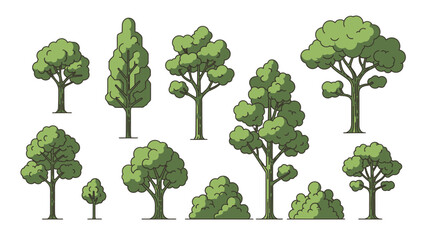 Obraz premium Collection of Diverse Green Trees and Bushes, Vector Illustrations in Flat Design Style