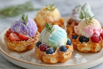 Colorful and Delicious Ice Cream Scoops on Waffle Cups Garnished with Fresh Berries and Herb Sprig, Perfect for Summer Desserts and Celebrations