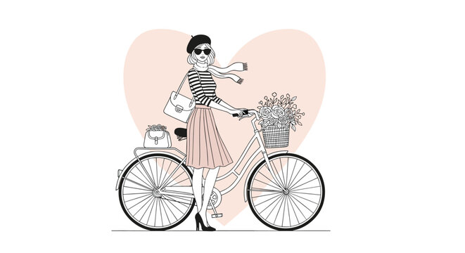 Elegant Parisian woman in a beret and striped shirt standing with her bicycle and a basket of flowers, depicted in a chic line art style.