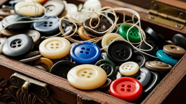 Assorted colorful buttons in a vintage leather suitcase for sewing and craft projects.