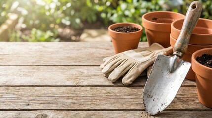 Gardening tools and pots arranged on a wooden table in garden  