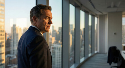 Mature businessman in suit standing near office window at city sunset.