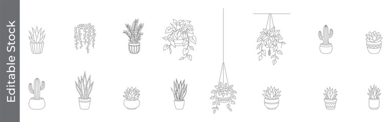 Fototapeta premium Hanging plant, Succulent and cactus icon set – editable outline symbols of pot, greenery, home decor and indoor plant