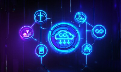 Futuristic digital network with interconnected technology icons and carbon dioxide symbol