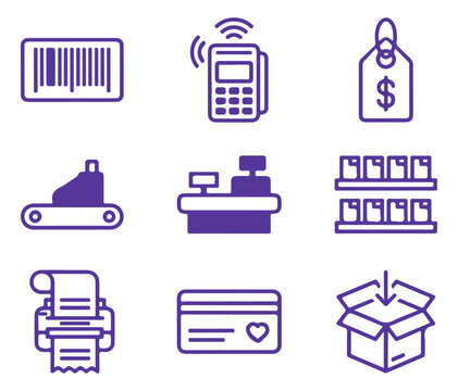 Retail and Point of Sale Line Icons Set Featuring Cash Register, Barcode Scanner, Receipt Printer, Payment Terminal, Credit Card, and Shopping Box in Purple Outline Style