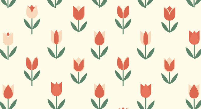 Simple and geometric seamless floral pattern featuring stylized red and pink tulip flowers in a repeating grid on a cream background.