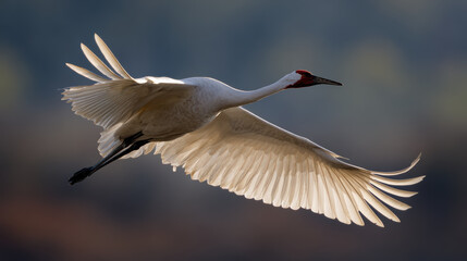 Obraz premium White Heron in Flight at Dusk