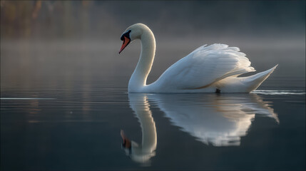 Obraz premium Swan Gliding on Calm Water at Sunrise